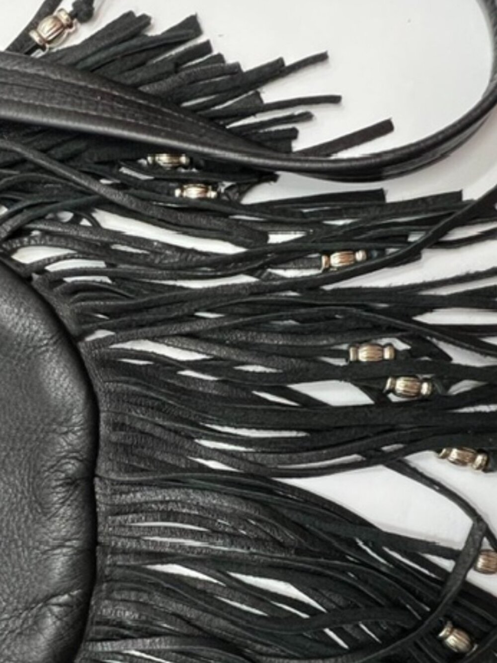 Hand Crafted Leather Ladies Fringed Biker Hip Bag w/Detach Crossbody Strap Black - Picture 6 of 8